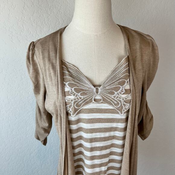 Vintage Y2K Butterfly Embroidered Top size Large Striped Tan Fairy 2000s Shrug - Picture 2 of 10